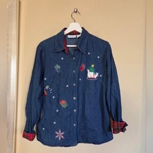 Vintage Embroidered Christmas Denim Chambray Button Up Shirt Eclectic Unique
